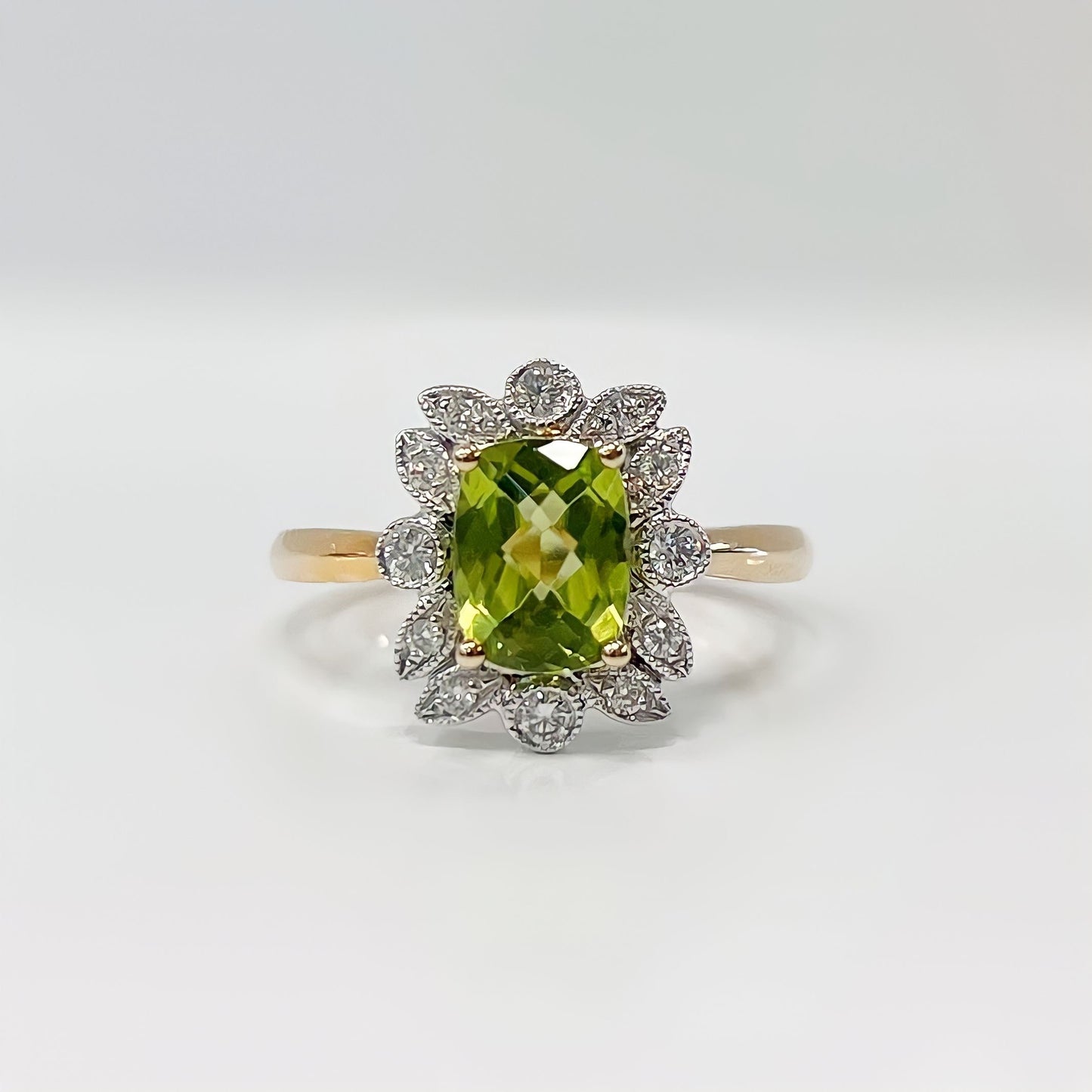 9ct Yellow Gold Peridot and Diamond Ring - Size N