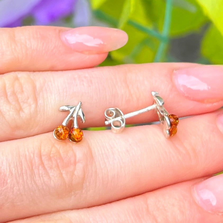 Sterling Silver Orange Amber Cherries Small Stud Earrings