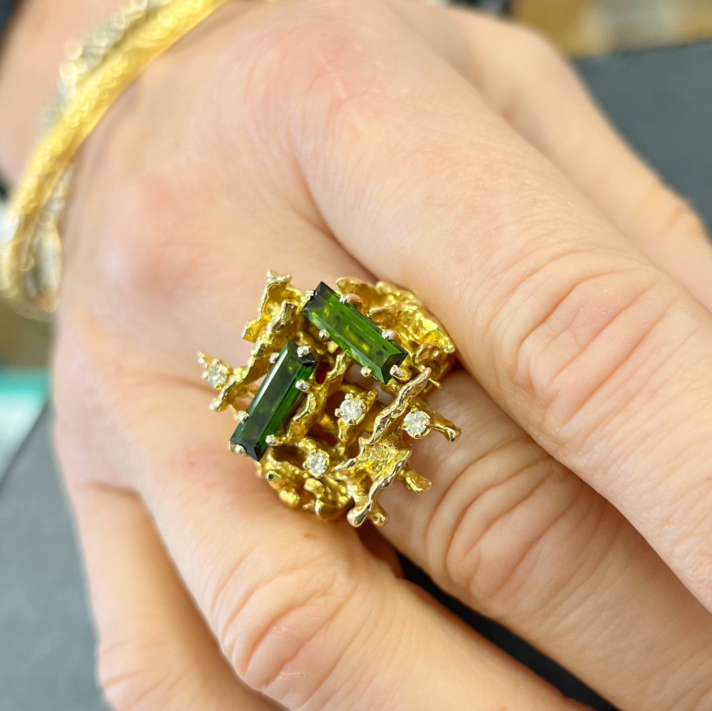 RARE Vintage 1970s Brutalist Style 9ct Yellow Gold Green Tourmaline and Diamond Dress Ring - Size R