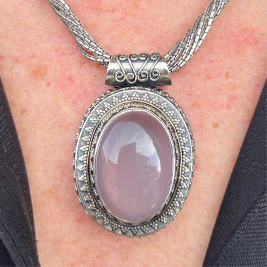 Bohemian Chunky Sterling Silver Pink Rose Quartz Necklace