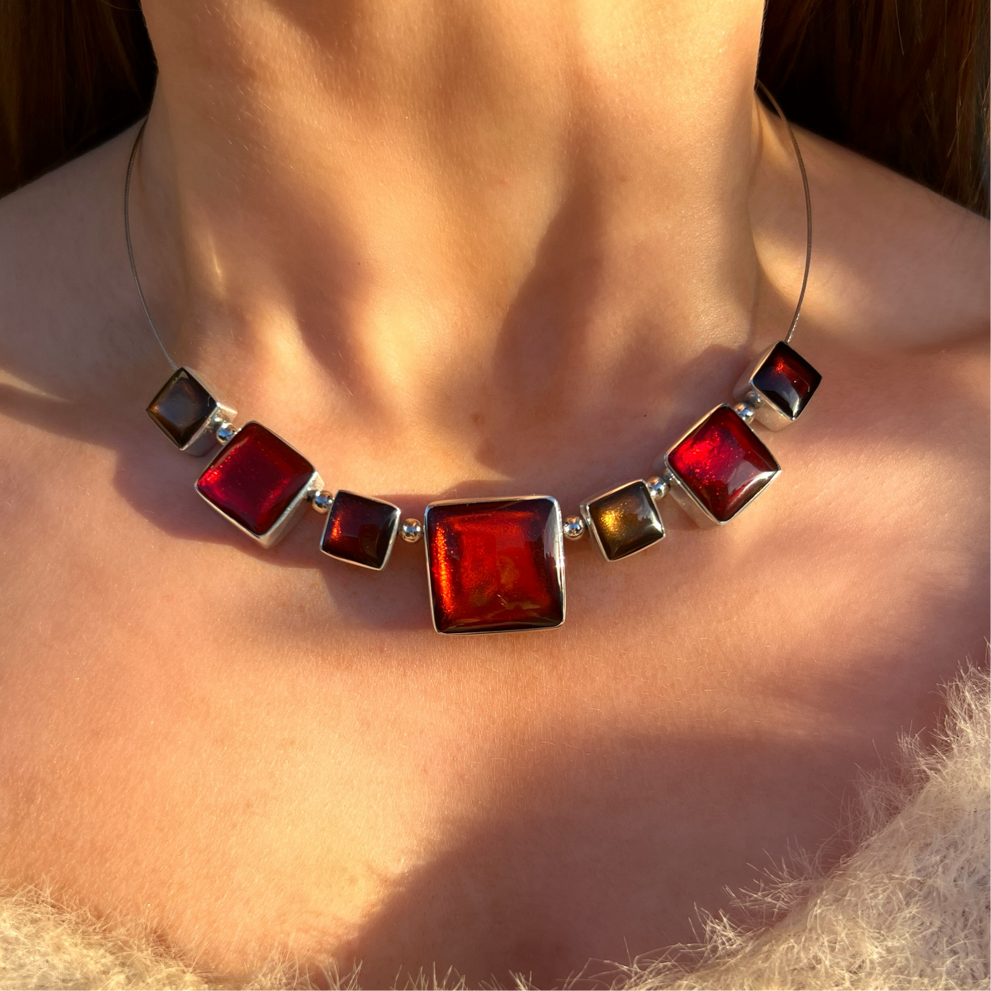 Watch This Space Red, Orange, & gold Square Necklace