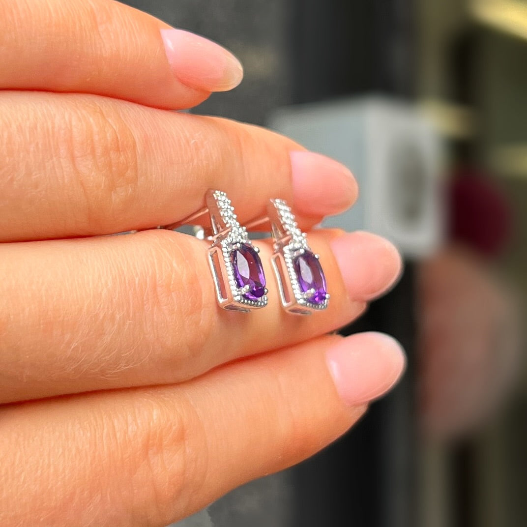 9ct White Gold Purple Amethyst & Diamond Stud Earrings