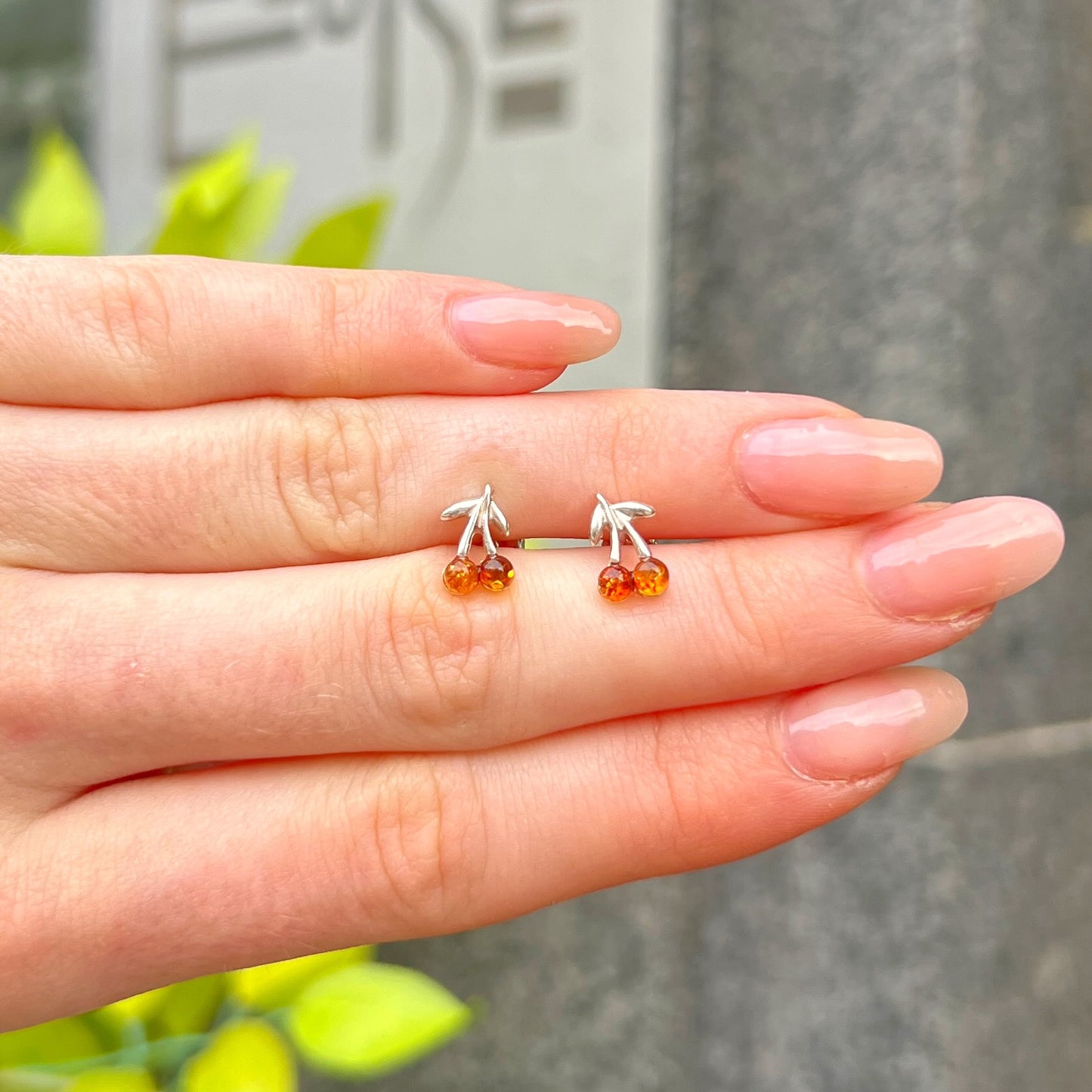 Sterling Silver Orange Amber Cherries Small Stud Earrings