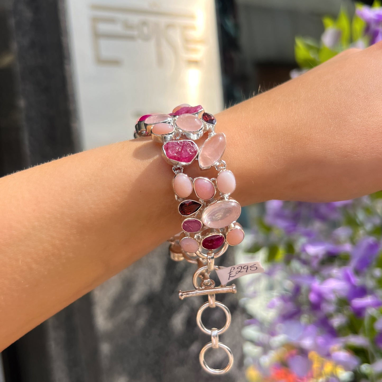 Red Ruby, White Pearl, Pink Rose Quartz & Clear Quartz Chunky Sterling Silver Statement Bracelet