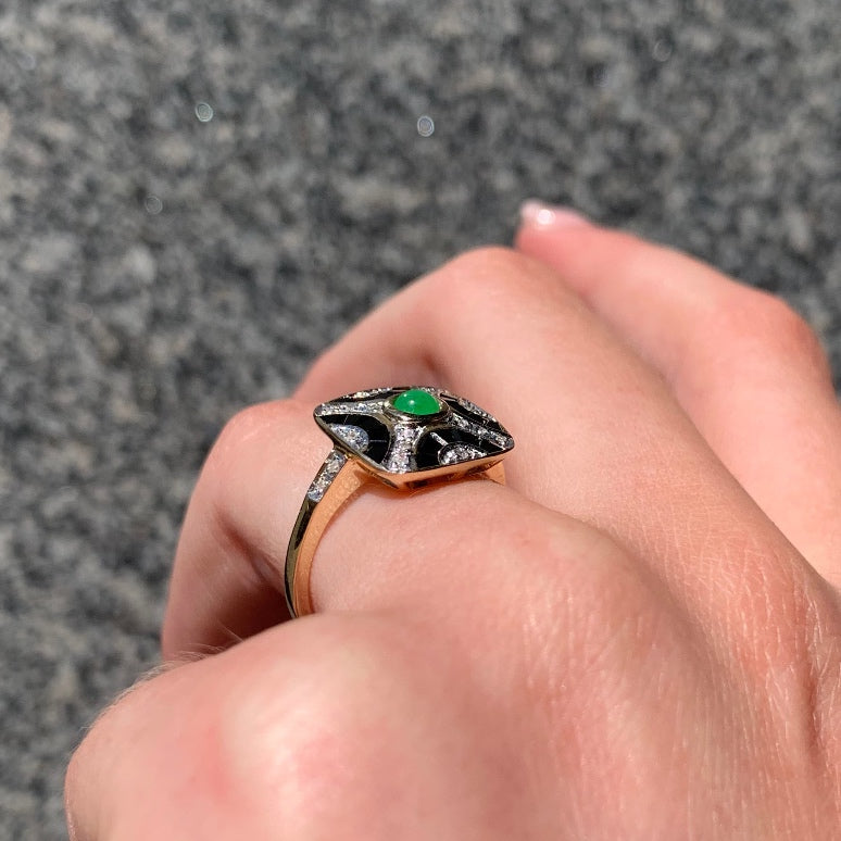 9ct Yellow Gold Jade, Onyx and Diamond Art Deco Reproduction Ring - Size O
