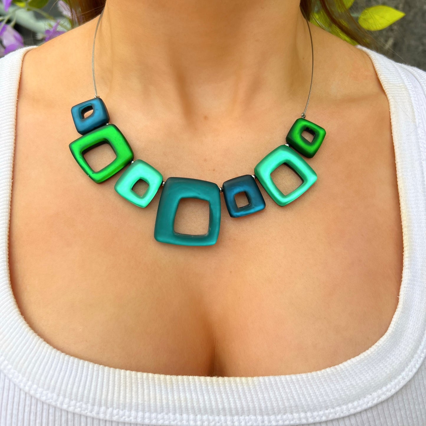 ‘Watch This Space’ Green & Blue Square Necklace