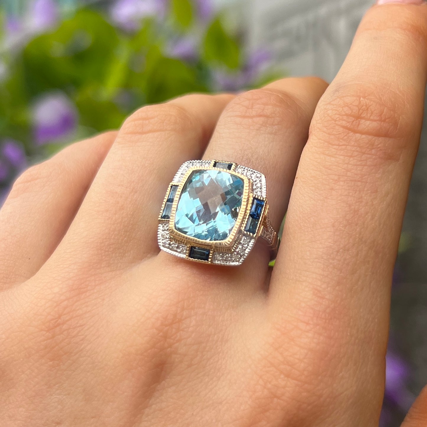 18ct Yellow Gold Blue Topaz, Sapphire and Diamond Ring - Size N