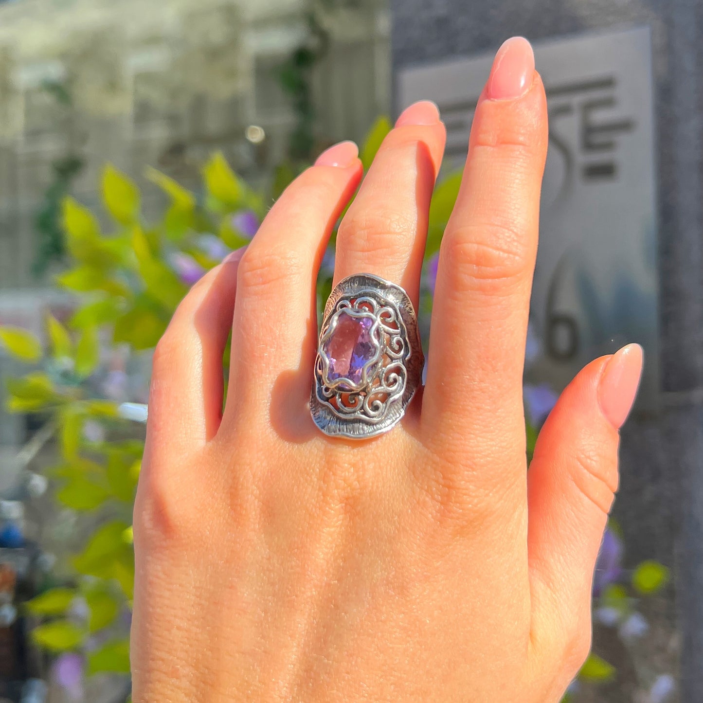 Swirl Sterling Silver Amethyst Ring - Size R