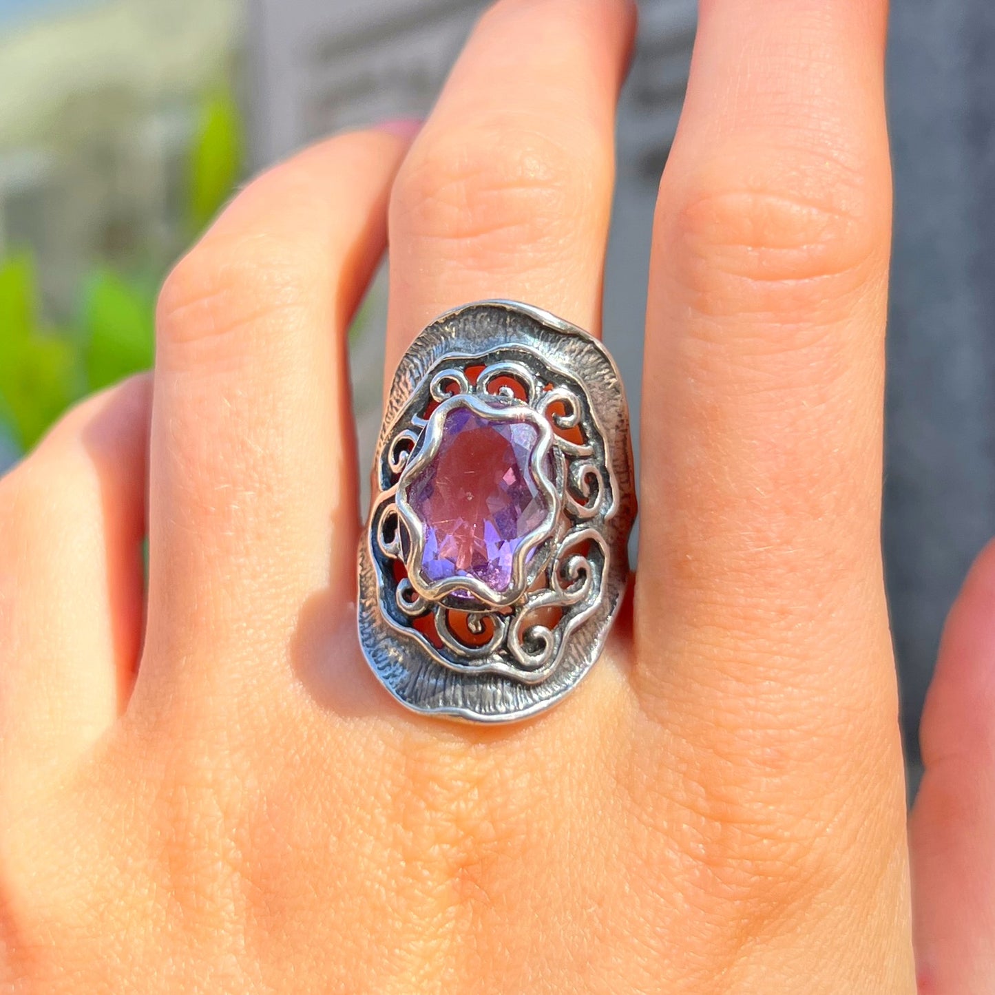 Swirl Sterling Silver Amethyst Ring - Size R