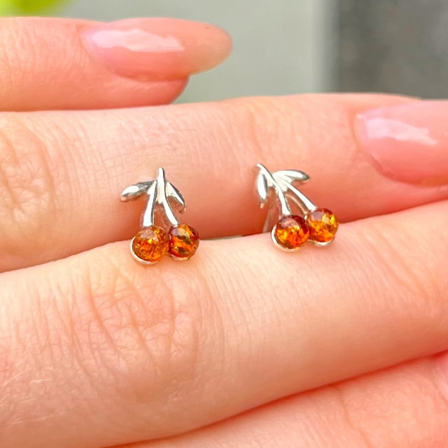 Sterling Silver Orange Amber Cherries Small Stud Earrings