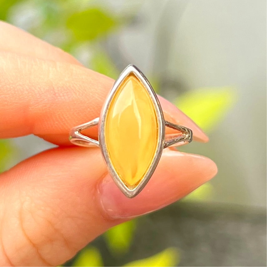 Sterling Silver Yellow Butterscotch Amber Marquise Cut Ring