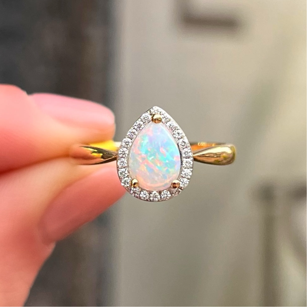 Elegant 9ct Yellow Gold Opal and Diamond Pear Shaped Halo Ring - Size N ½
