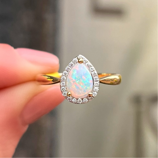 Elegant 9ct Yellow Gold Opal and Diamond Pear Shaped Halo Ring - Size N ½