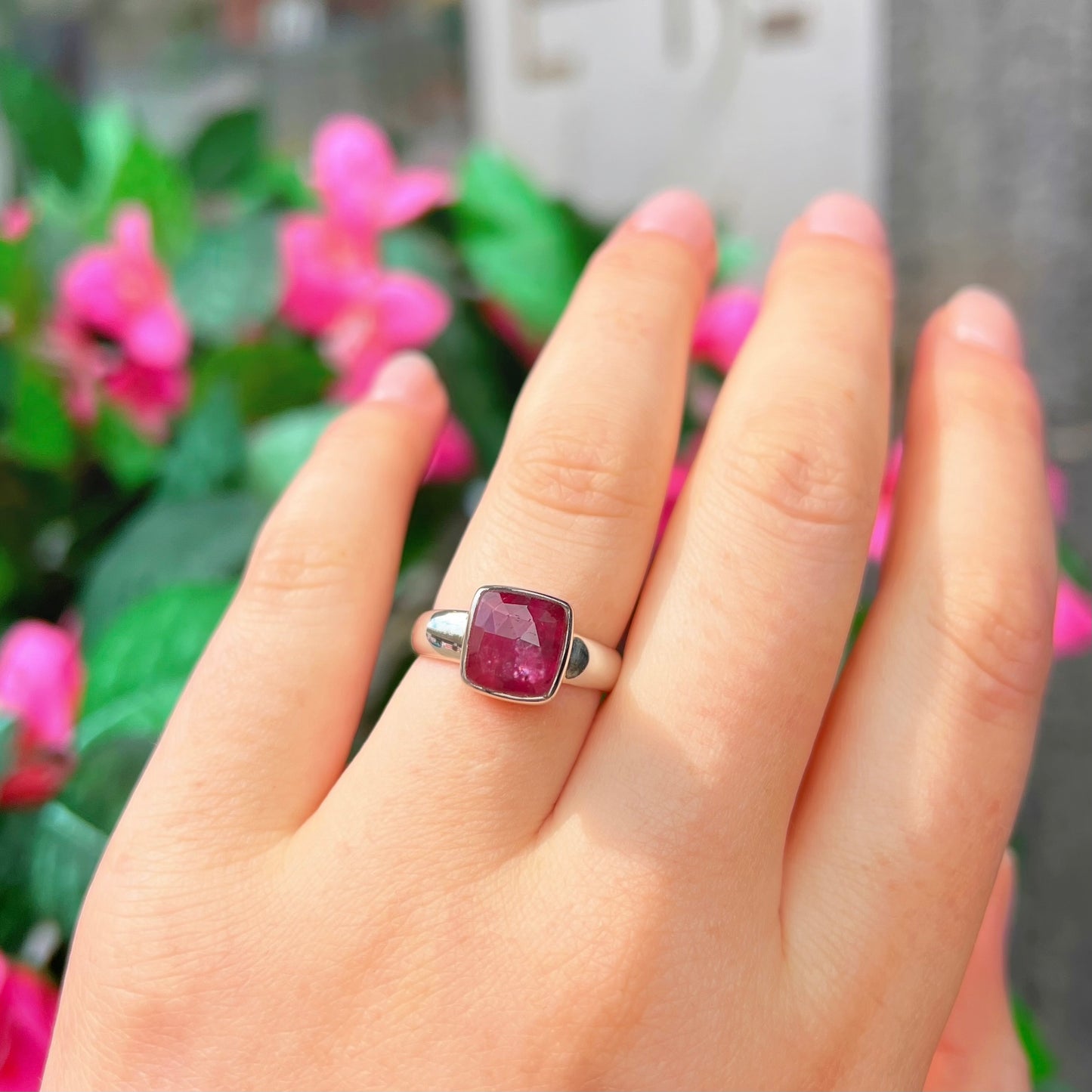 Chunky Sterling Silver Checkerboard Faceted Ruby Ring - Size M ½