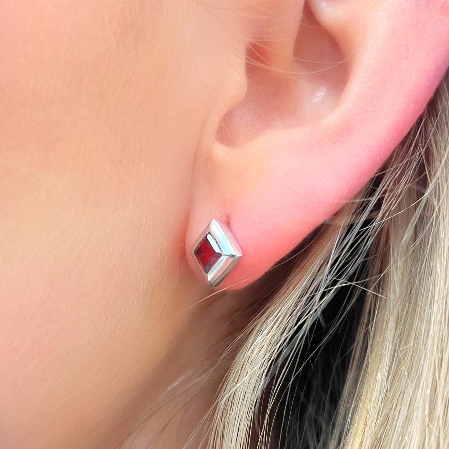 Sterling Silver Square Princess Cut Garnet Stud Earrings