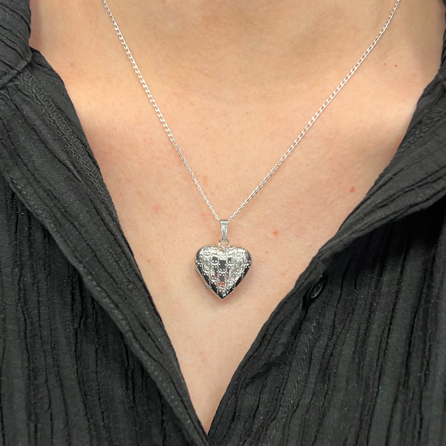 Sterling Silver Patterned Heart Locket Necklace