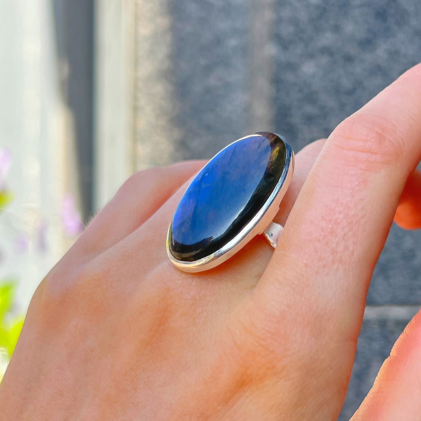 Chunky Sterling Silver Dark Blue Labradorite Ring - Adjustable Size