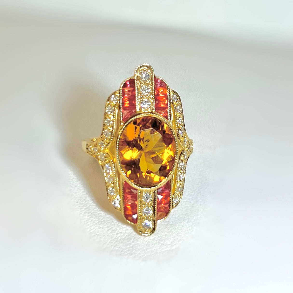 18ct Yellow Gold Citrine, Orange Sapphire & Diamond Cocktail Ring - Size M ½