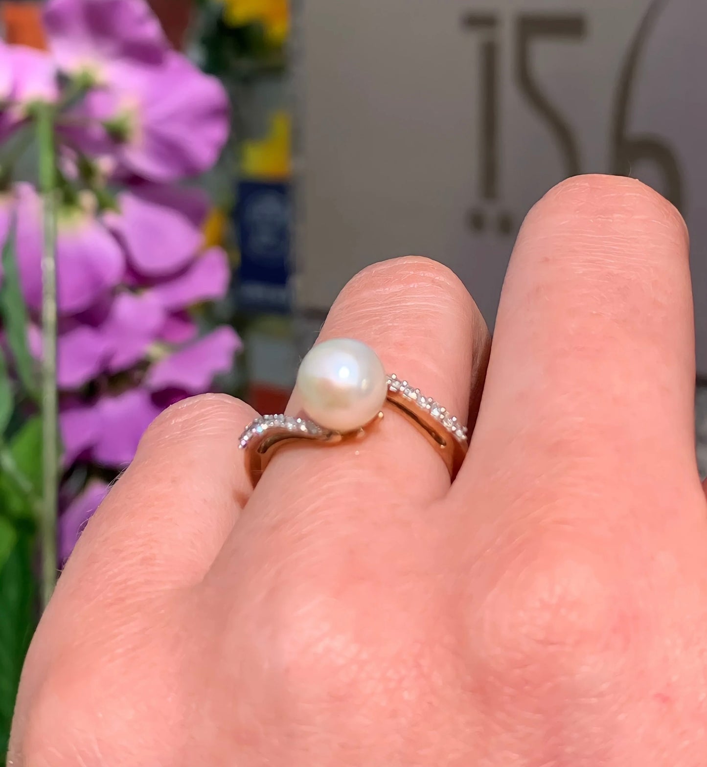 9ct Yellow Gold Pearl and Diamond Ring - SIZE L