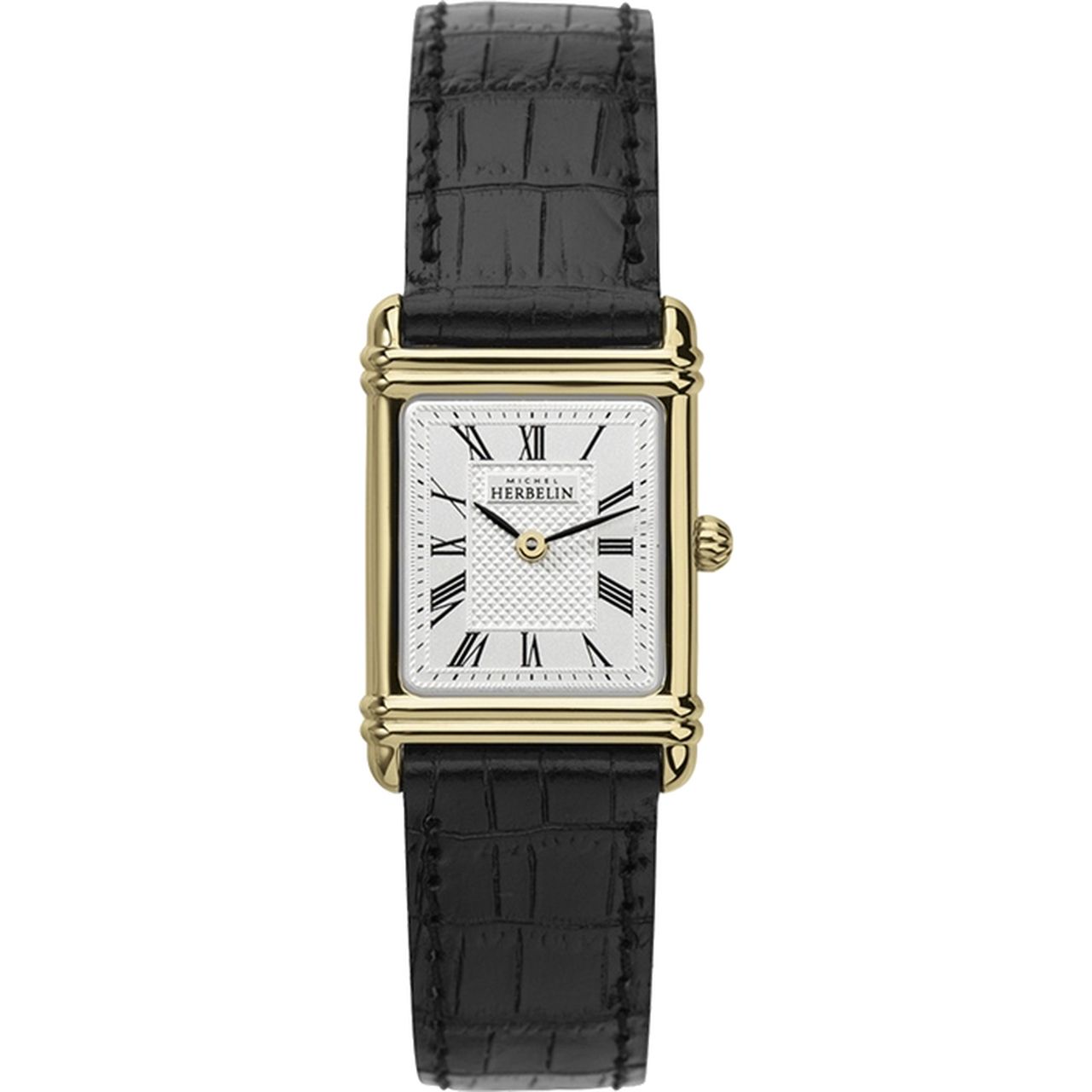 Herbelin Art Deco Ladies Gold Steel Square Watch with Black Leather Strap
