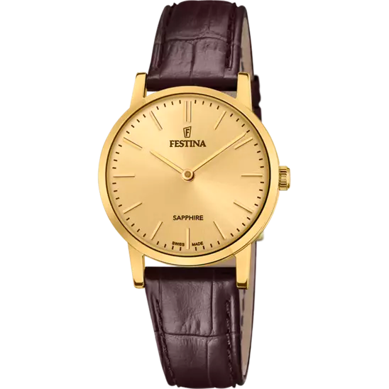 Ladies Festina Swiss Steel Gold Dial Brown Leather Strap Watch