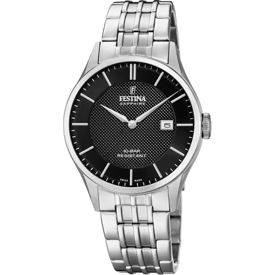 Gents Festina Swiss Silver Steel Black Dial Watch