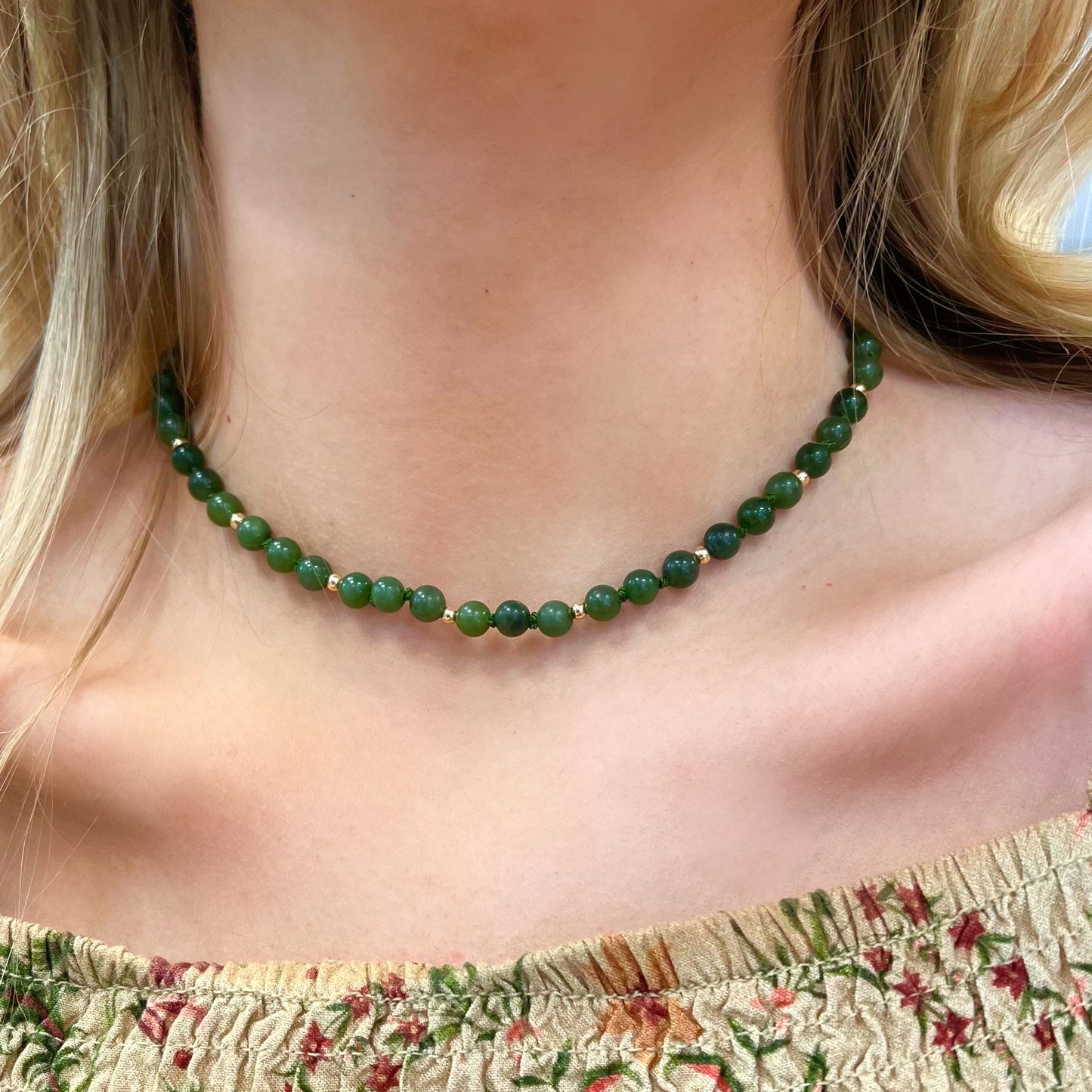 9ct Yellow Gold New Zealand Green Stone Beaded Necklace