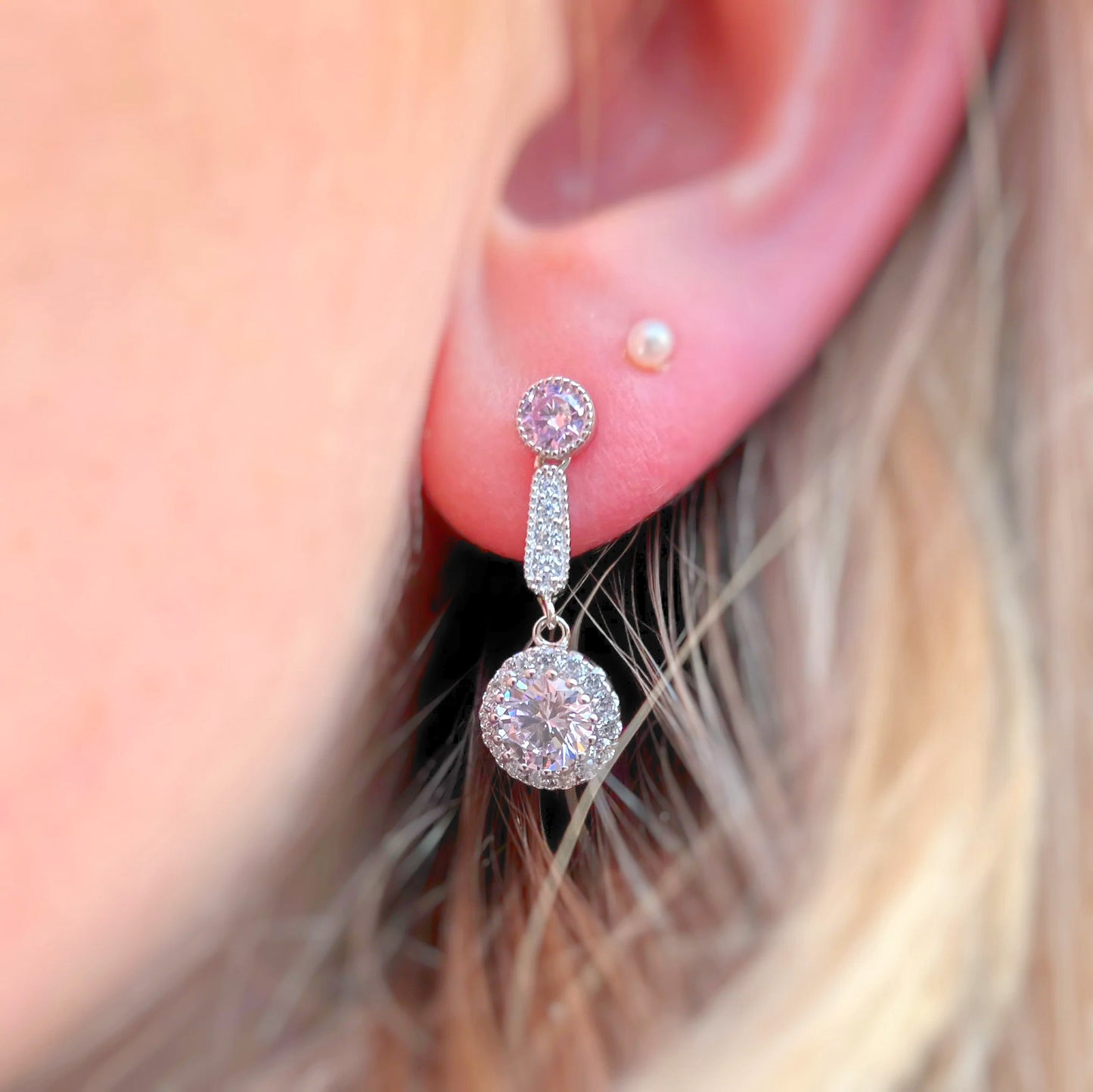 Elegant Sterling Silver Pink Cubic Zirconia Drop Earrings