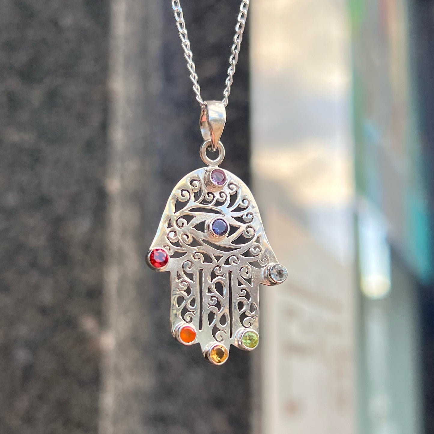 Sterling Silver Hamsa/Healing Hand Chakra Necklace