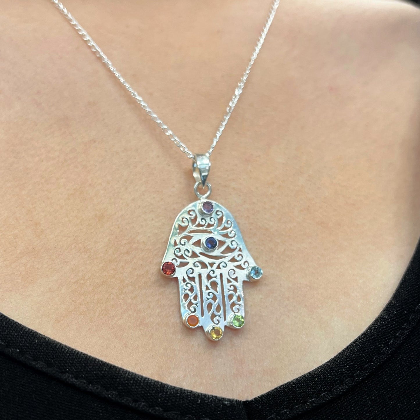 Sterling Silver Hamsa/Healing Hand Chakra Necklace