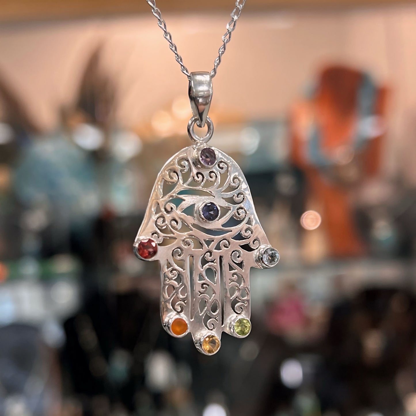 Sterling Silver Hamsa/Healing Hand Chakra Necklace