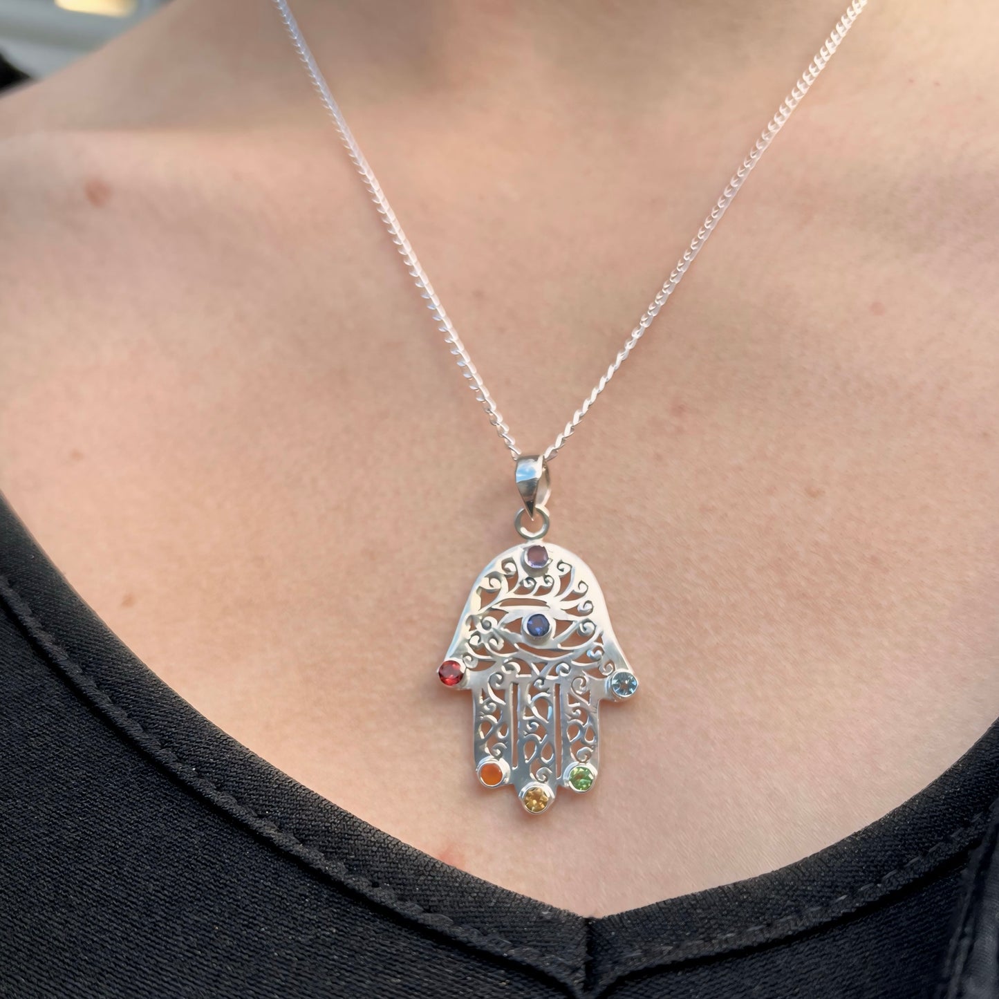 Sterling Silver Hamsa/Healing Hand Chakra Necklace