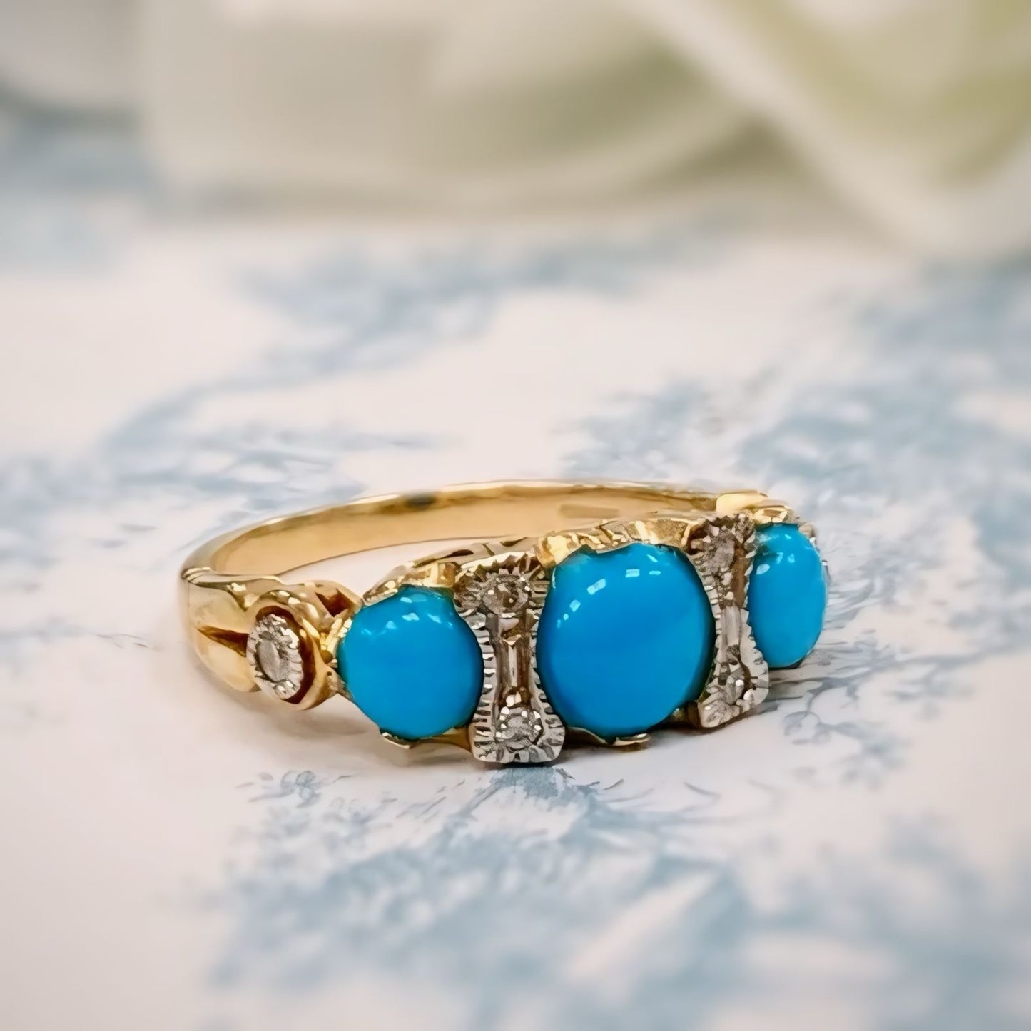 Edwardian Inspired 9ct Yellow Gold Turquoise and Diamond Ring - SIZE M ½