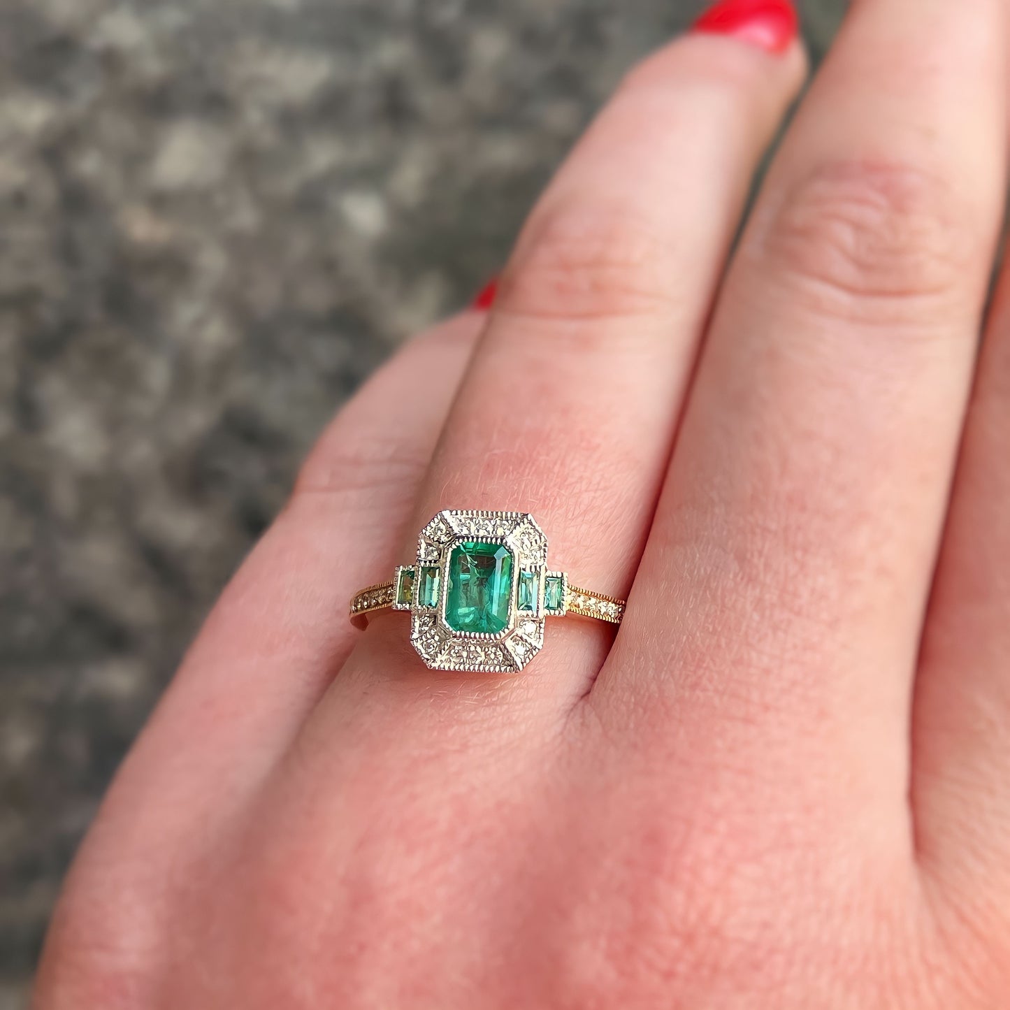 18ct Yellow Gold Emerald and Diamond Art Deco Inspired Ring - Size O