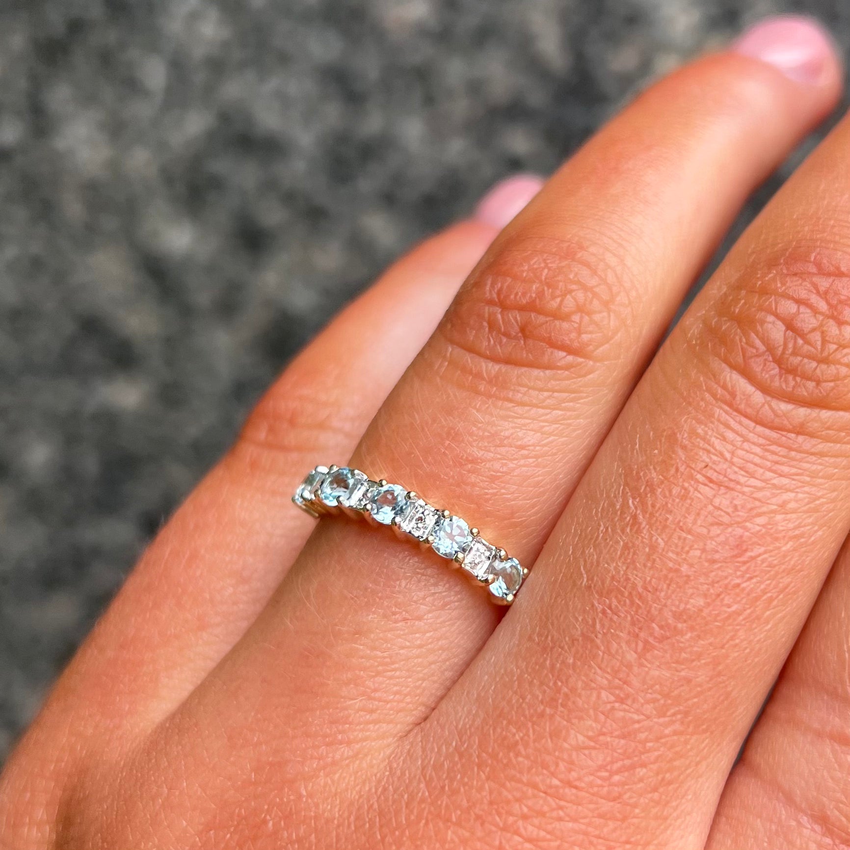 9ct Yellow Gold Blue Topaz and Diamond Eternity Ring Size N