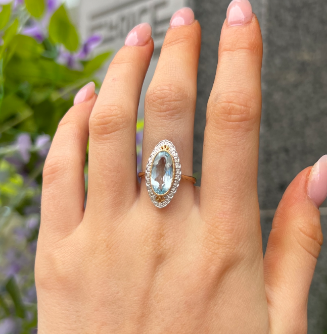 9ct Yellow Gold Blue Topaz and Diamond Ring - Size M ½