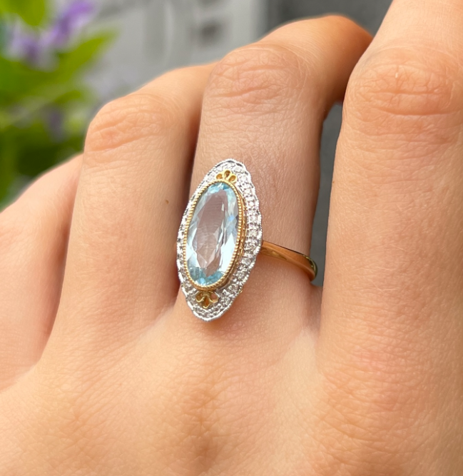 9ct Yellow Gold Blue Topaz and Diamond Ring - Size M ½