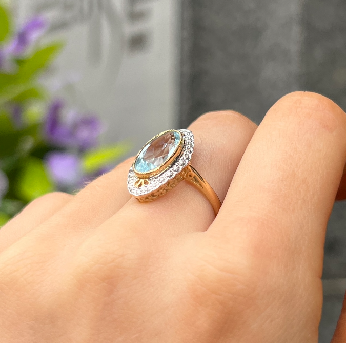 9ct Yellow Gold Blue Topaz and Diamond Ring - Size M ½