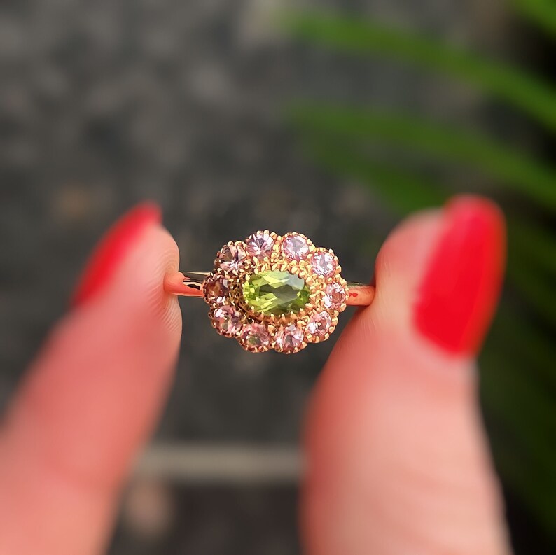 ‘Arabella’ Victorian Reproduction 9ct Yellow Gold Peridot and Pink Tourmaline Floral Inspired Ring - Size O