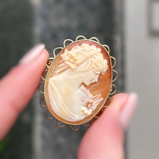 Vintage 9ct Yellow Gold Ladies Portrait Orange Cameo Brooch/Pendant