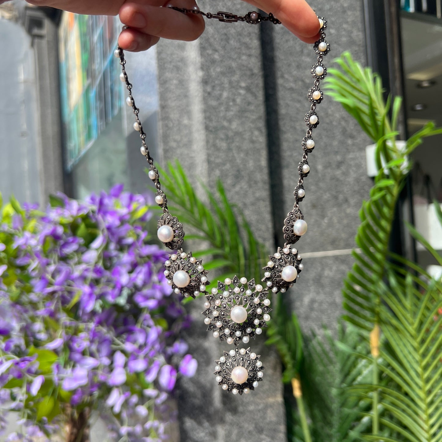 Sterling Silver Marcasite & Pearl Chunky Statement Necklace