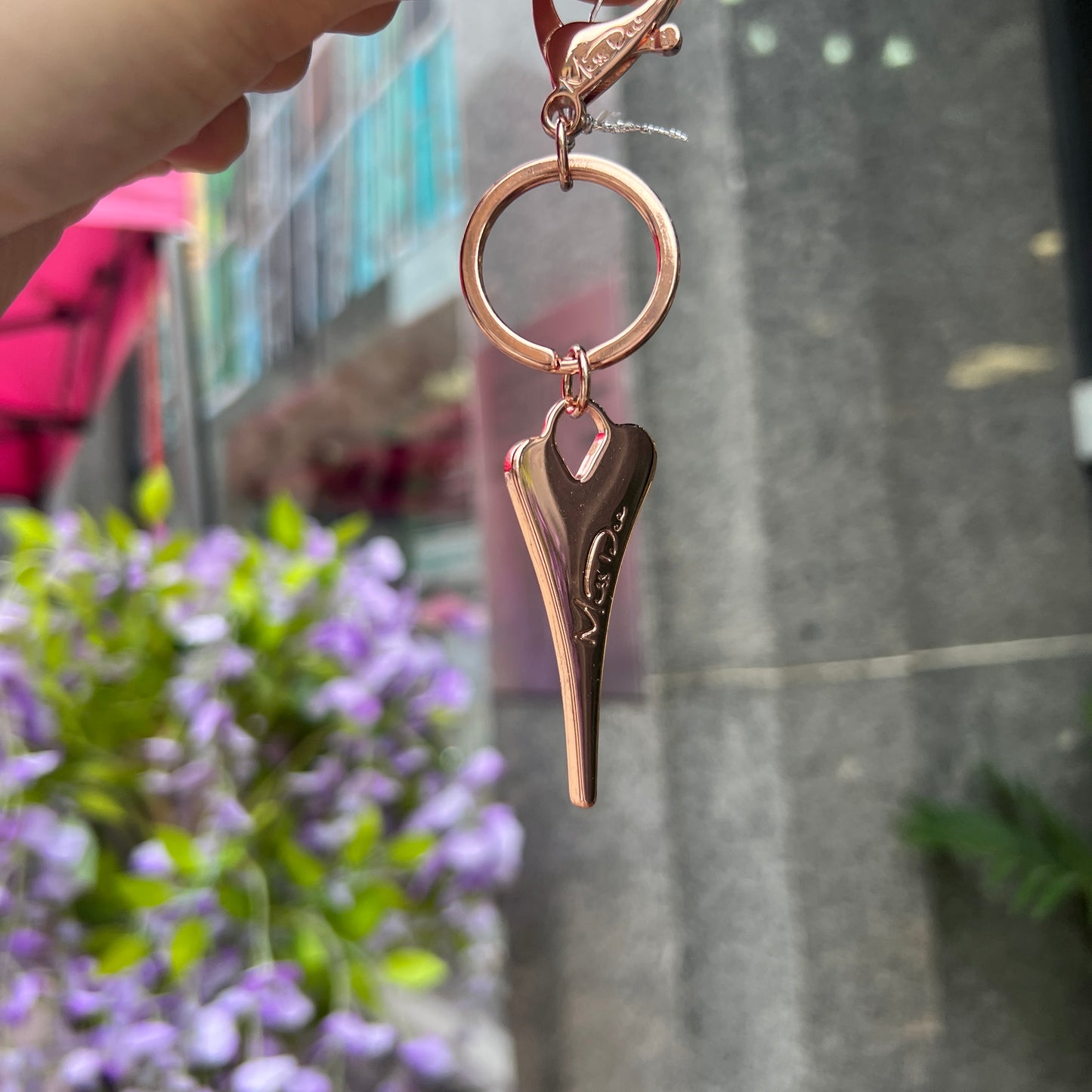 Miss Dee Rose Gold Plated Cubic Zirconia Encrusted Elongated Heart Keyring
