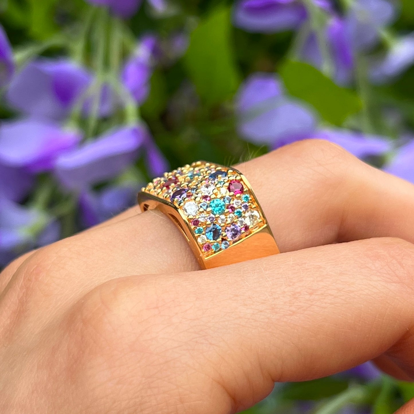 Sif Jakobs Novara Quadrato Ring - 18ct Gold Plated Sterling Silver with Multicoloured Zirconia - Size Q