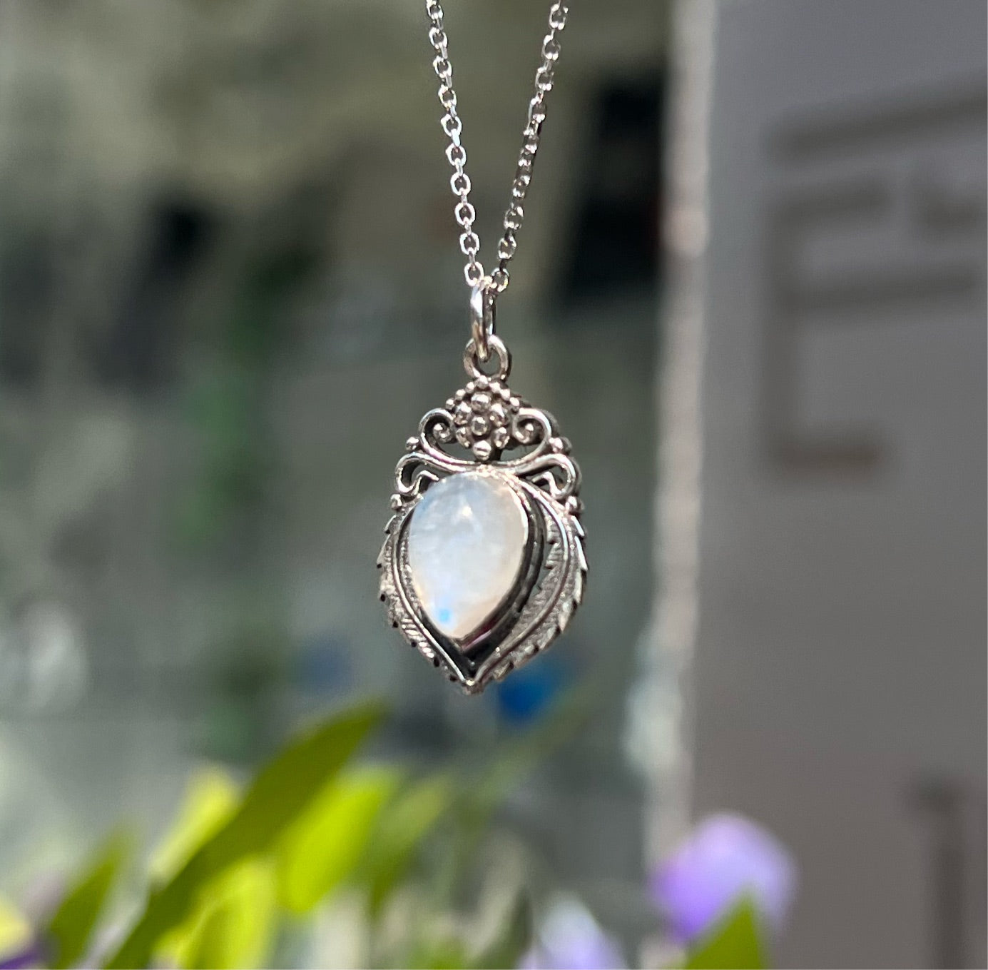Sterling Silver Dainty Rainbow Moonstone Filigree Necklace