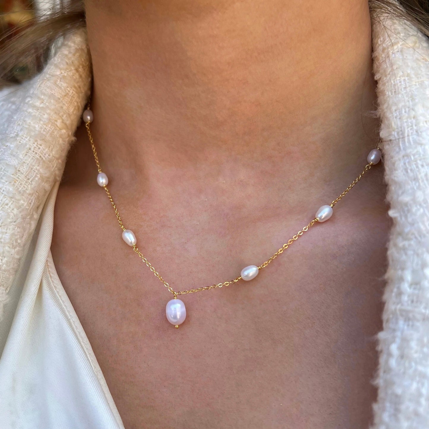 Dainty Sterling Silver Gold Plated Pearl Chain Necklace