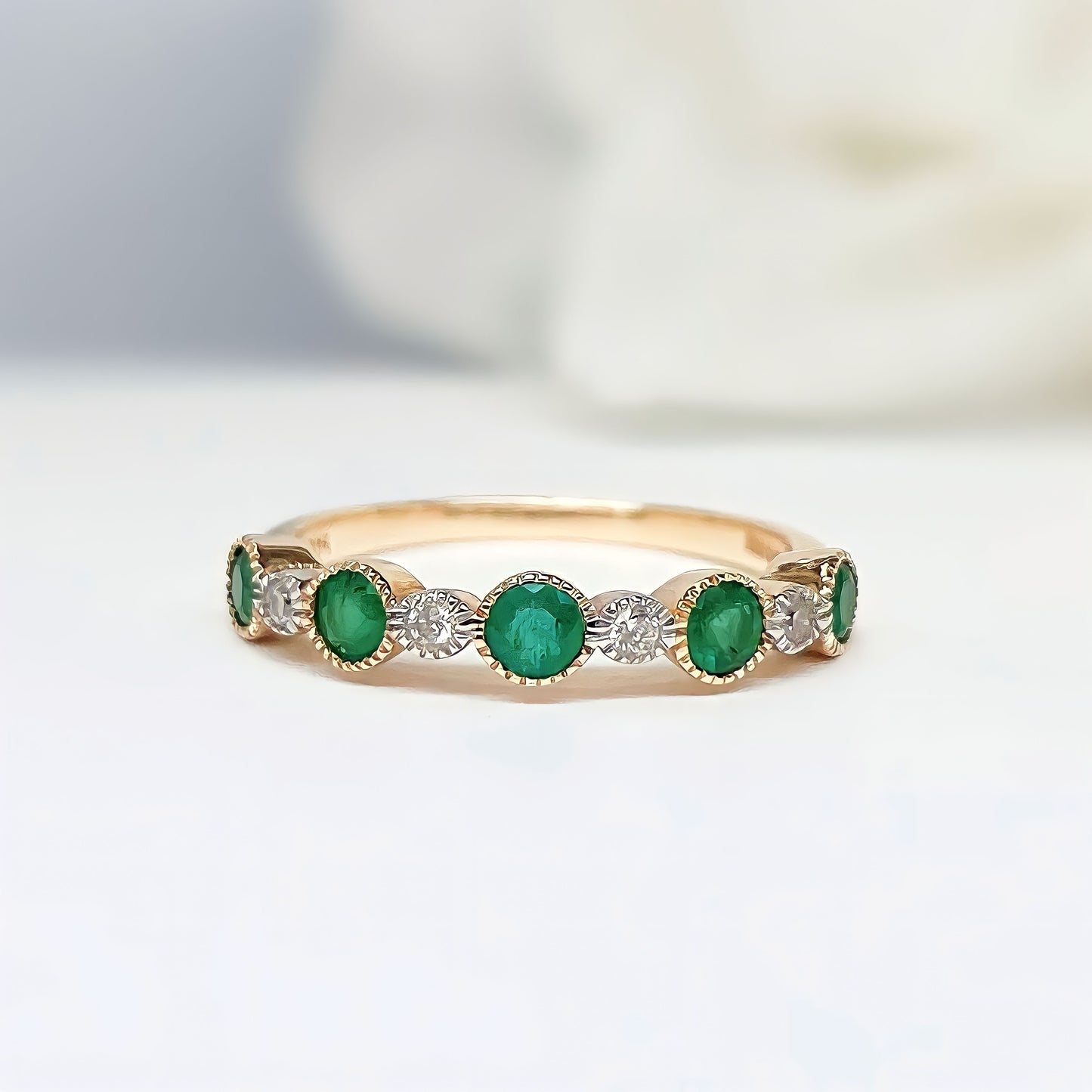 9ct Yellow Gold Emerald and Diamond Half Eternity Ring - Size O