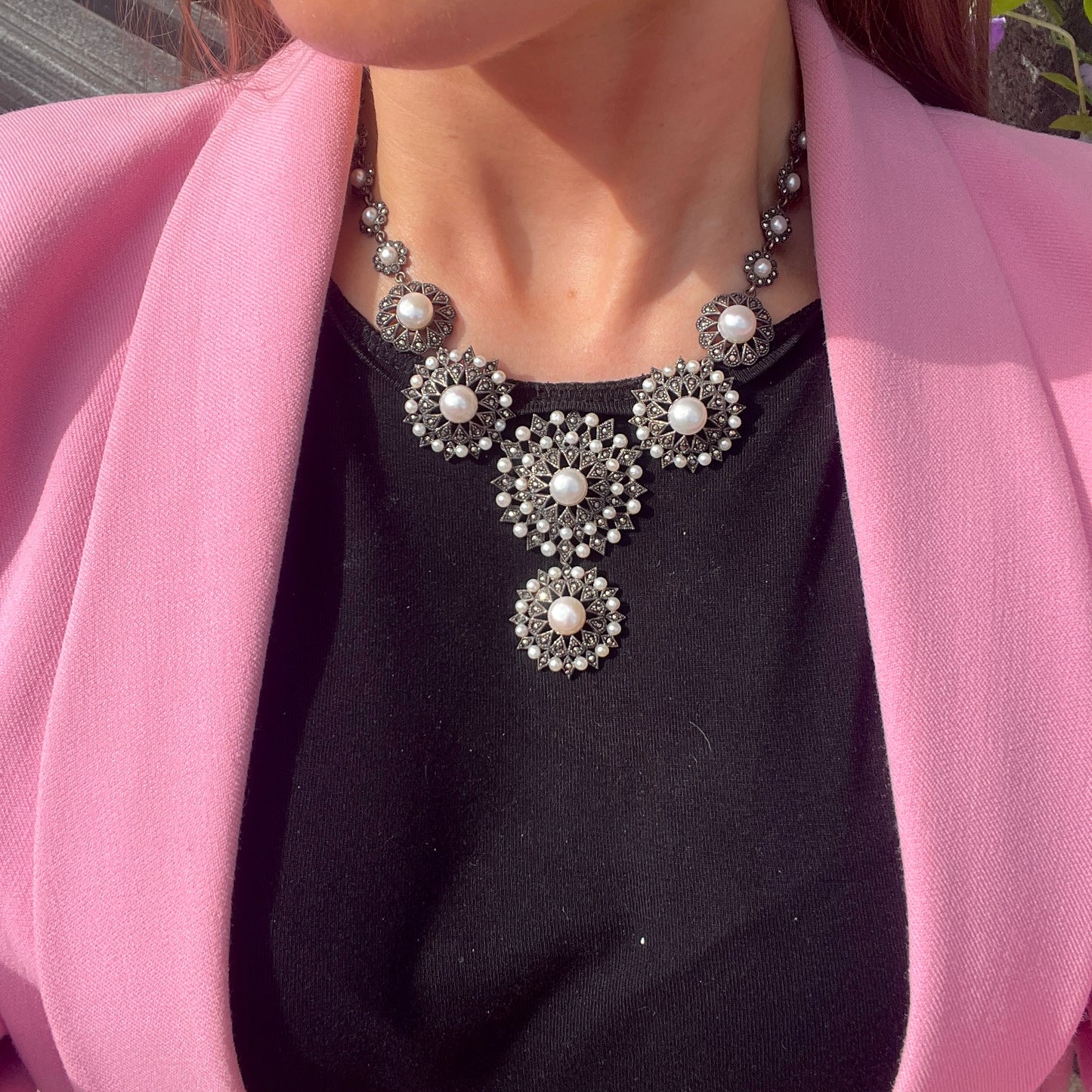 Sterling Silver Marcasite & Pearl Chunky Statement Necklace
