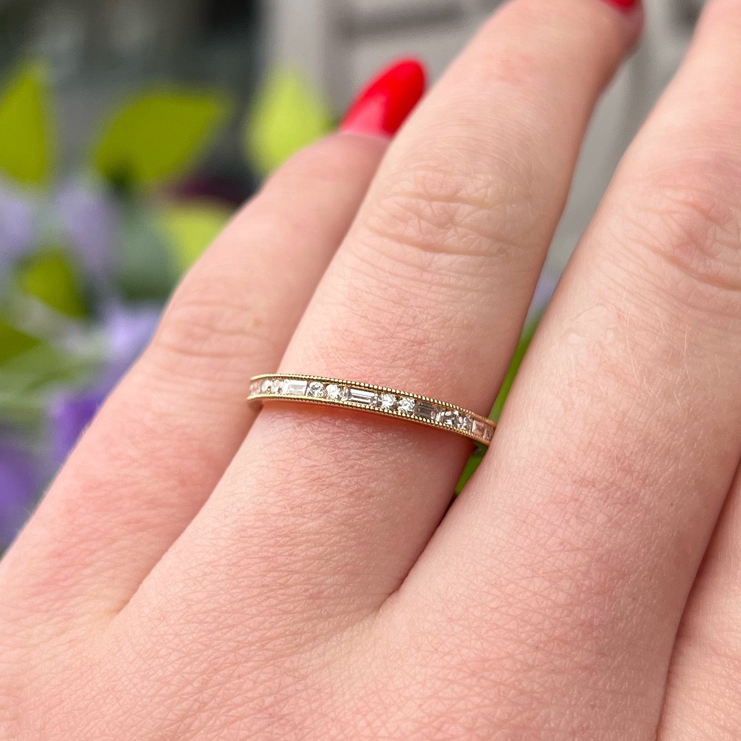 18ct Yellow Gold Brilliant and Baguette Cut Diamond Half Eternity Ring - Size M ½