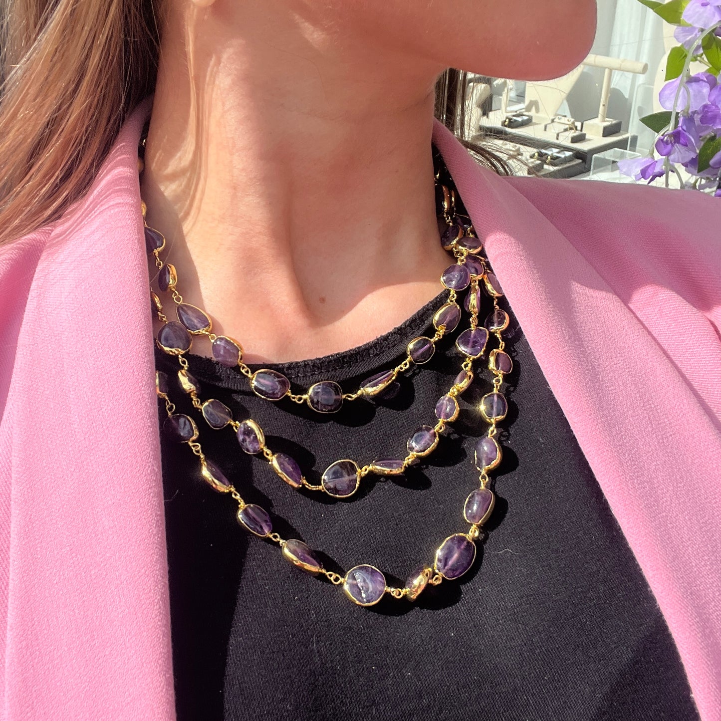 18ct Yellow Gold Plated Amethyst Triple Strand Necklace