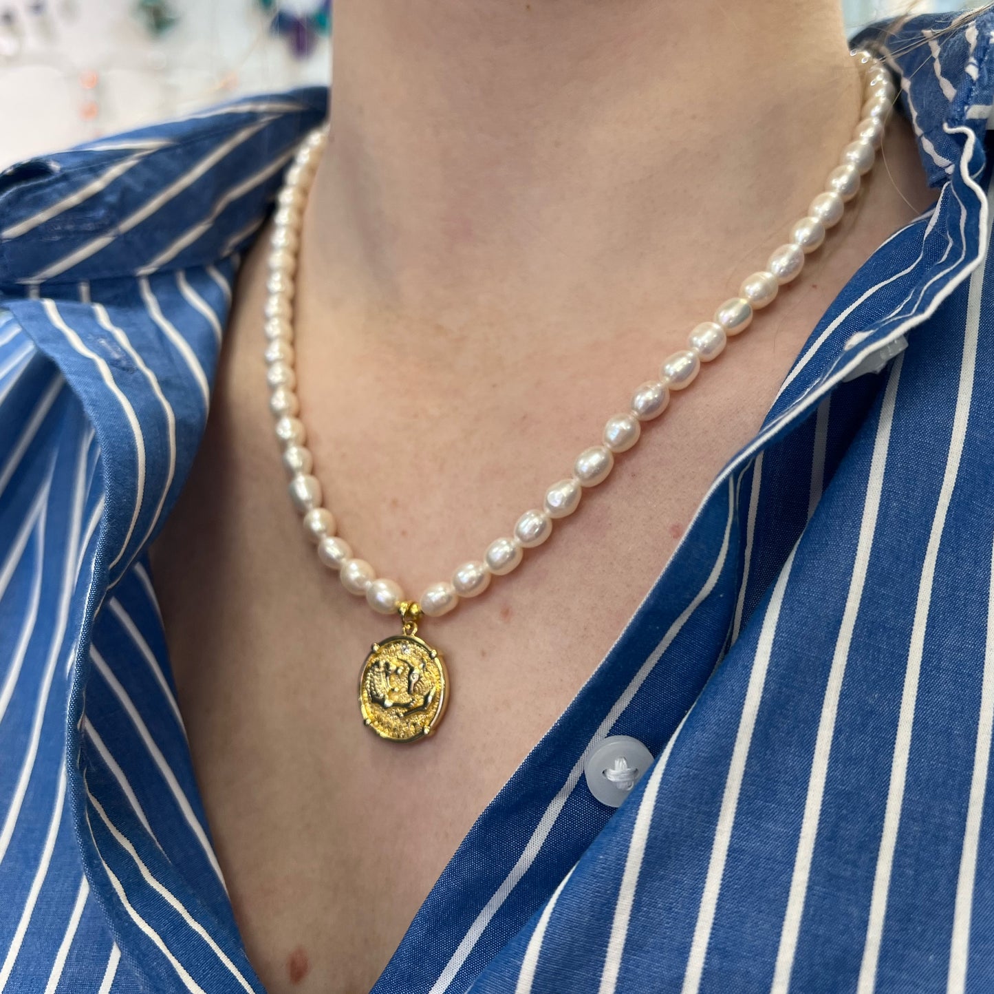 Gold Plated Sterling Silver Pearl and Coin Necklace